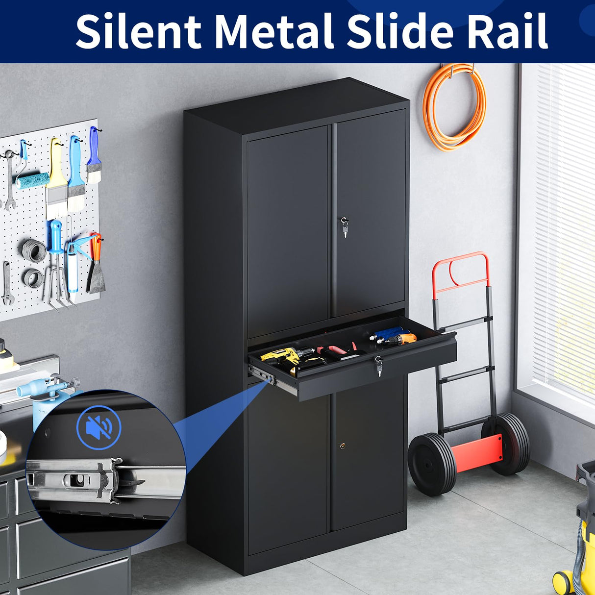 Yizosh Metal Garage Storage Cabinet with Locking Doors and Adjustable Shelves, Tool Storage Cabinet with 1 Drawer - 71" Steel Locking Cabinet for Garage, Warehouse (Black) Yizosh