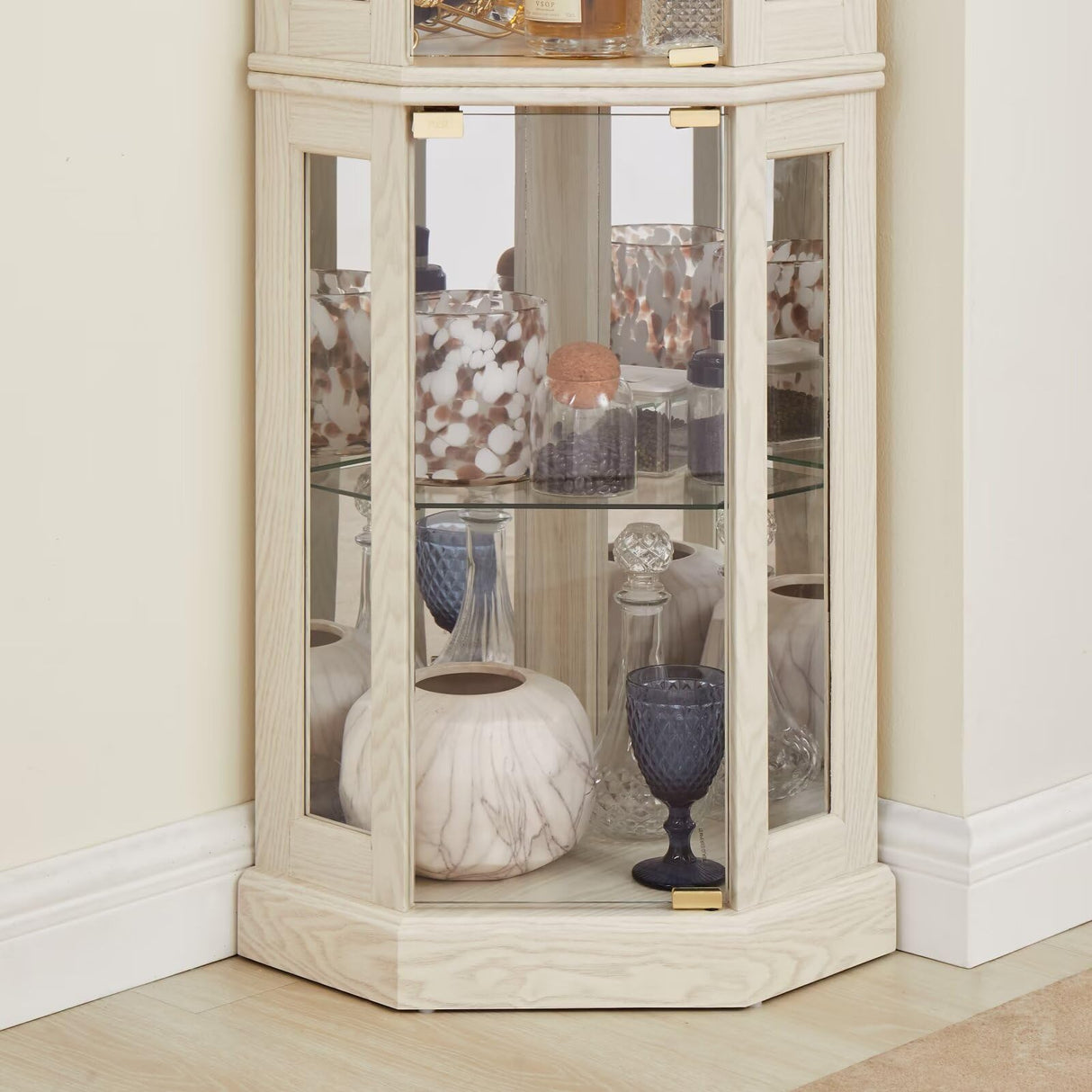 JIJIWANG 70" H Corner Glass Cabinet Lighted Curio Cabinet Corner Display Case for Living Room, Curio Cabinet, Antique Collection, Wine,Bar Glass Storage Light Included, Antique White JIJIWANG