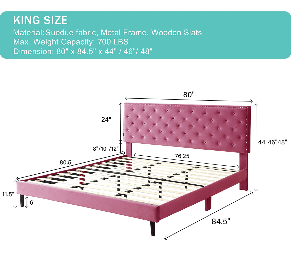 King Upholstered Platform Bed Frame with 48" Tall Adjustable Headboard - Button Tufted Suede Velour Bed- Wood Slat Support with Storage Space - No Box Spring Needed - Pink - OLIVER & SMITH - Princeton OLIVER & SMITH SINCE 1921