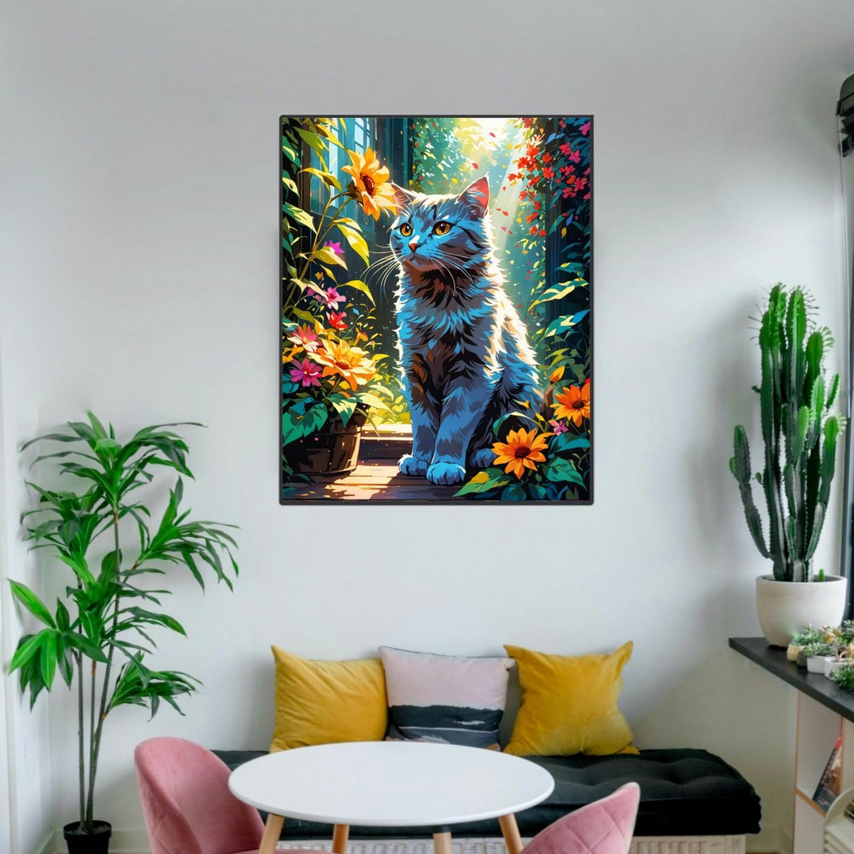 Cat Paint By Numbers Kit For Adults Canvas Cats Sunflower Adult Paint By Number Kits For Beginner DIY Easy Cat Garden Flower Oil Painting Adults' Paint-By-Number Kits Home Room Decor Gift 16x20 Inch ldazao