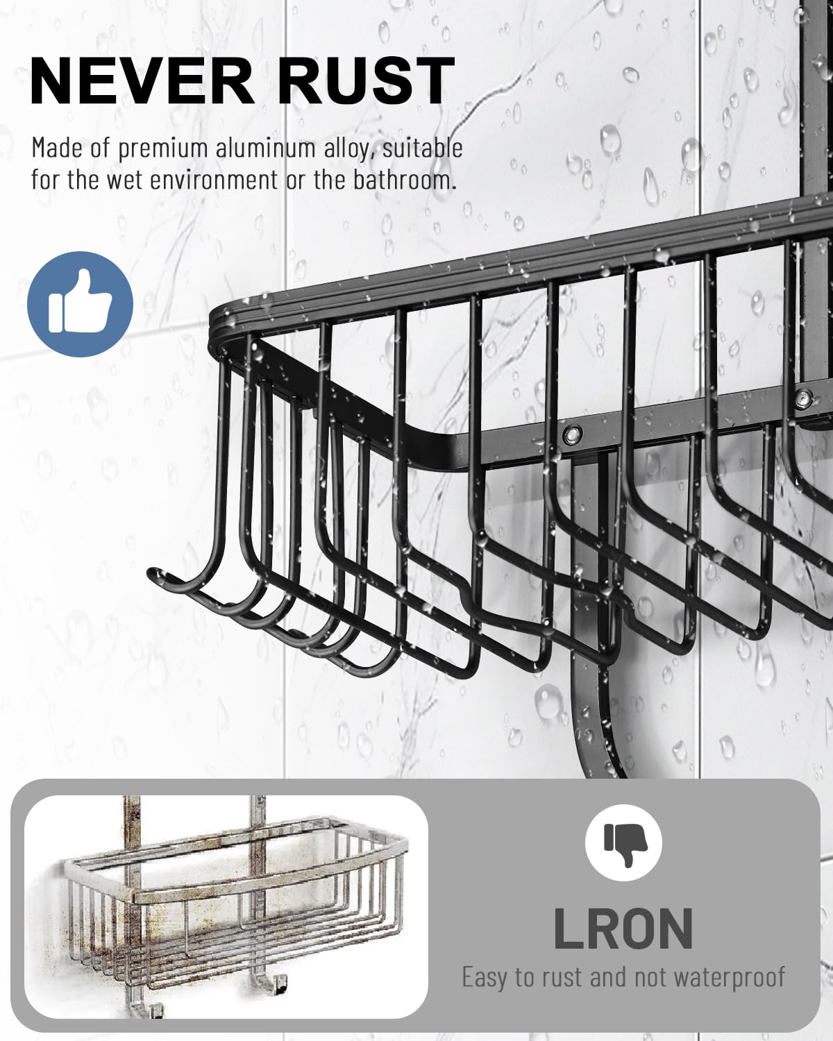 MSAICOE Shower Caddy Hanging - Never Rust Shower Hanging Organizer - Aluminum Over the ShowerHead Caddy with Soap Basket and 6 Hooks for Razor/Sponge (Black) MSAICOE