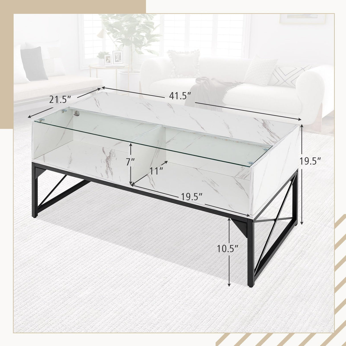 Giantex LED Coffee Table, High Gloss Coffee Tables with 4 Storage Cubes, 20-Color Lights, Remote Control, Faux Marble & Tempered Glass Top, Modern Accent Rectangle Center Table for Living Room (White) Giantex