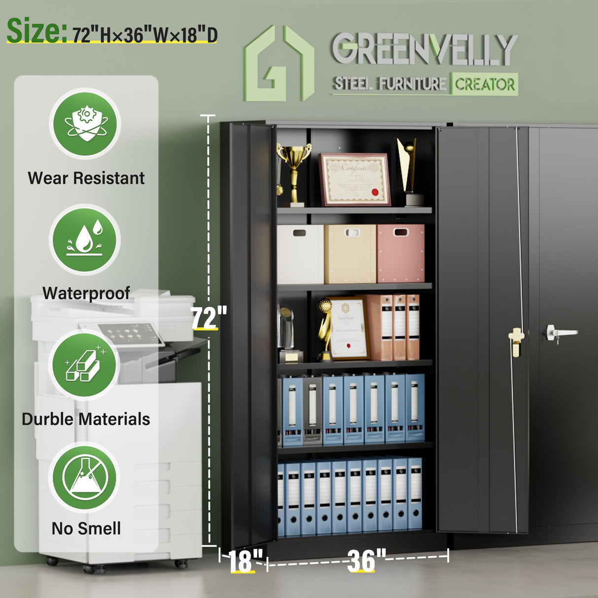 Greenvelly Metal Storage Cabinet, 72" Black Steel Garage Cabinet with Doors and Adjustable Shelves, Metal Cabinet with Lock,Garage Cabinets and Storage System for Garage,Home Office,School Greenvelly