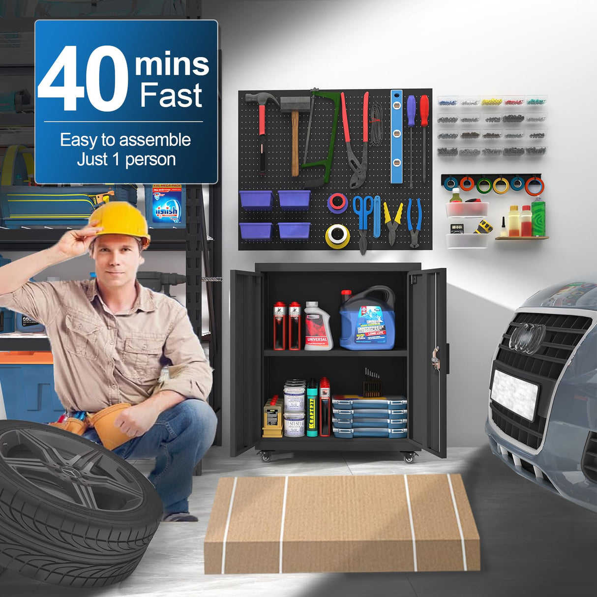 GREATMEET 31.5" H Lockable Storage Cabinet, Small Locking Cabinet with Doors and Adjustable Shelves, Metal Garage Storage Cabinets, Utility Cabinets for Office,Home,Garage,Classroom, Black GREATMEET