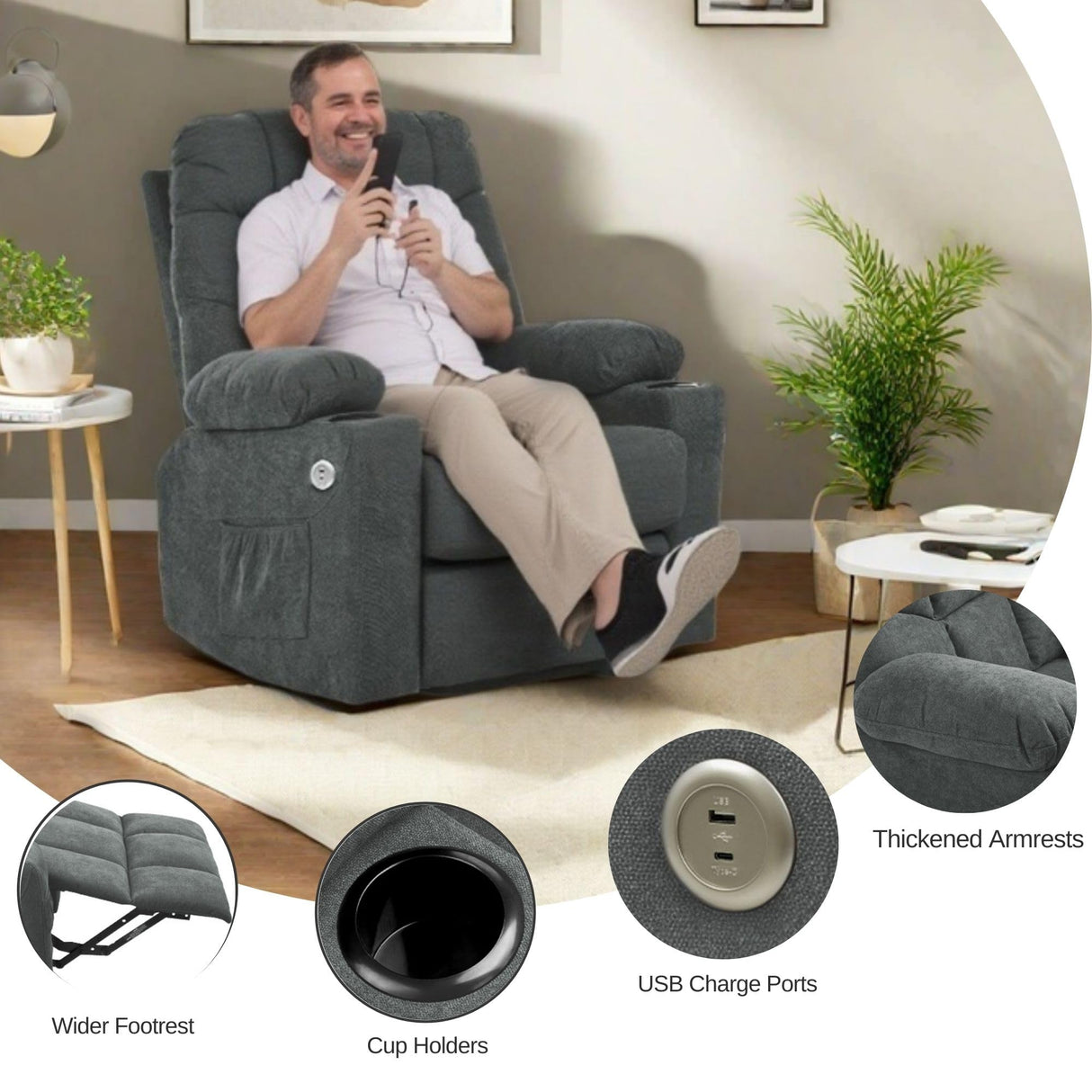 YITAHOME Power Lift Recliner Chair, Modern Fabric Recliner Chair with Massage and Heat, Spacious Seat, USB Ports, Cup Holders, Remote Control, Suitable for Living Room Dark Grey2 YITAHOME