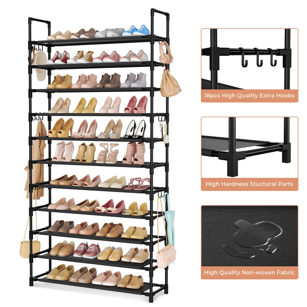 LANTEFUL 11 Tiers Tall Shoe Rack Holds 55 Pairs of Shoes with 18pcs Hooks Sturdy Wide Shoe Organizer Storage Free Standing Metal Shoe Shelf for Closet, Entryway Black LANTEFUL