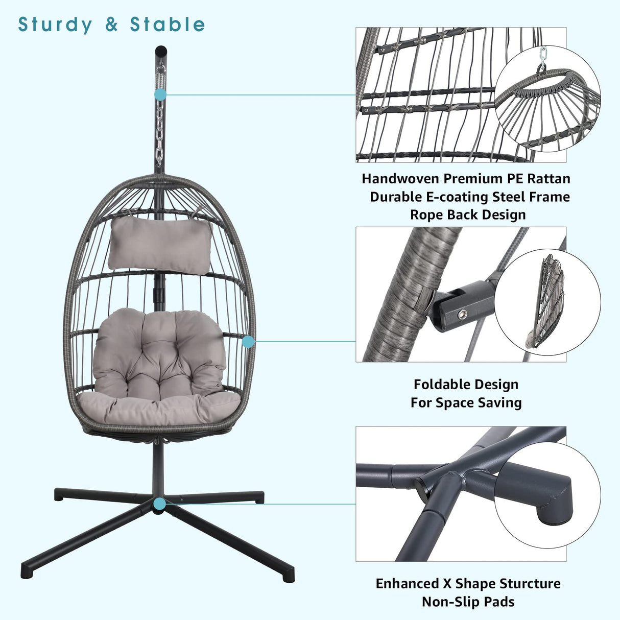 Patiorama Indoor Outdoor Egg Swing Chair with Stand, Patio Grey Wicker Rattan Hanging Chair with Rope Back, Cushion,Cover,All Weather Foldable Hammock Chair for Bedroom, Garden (Light Grey) Patiorama