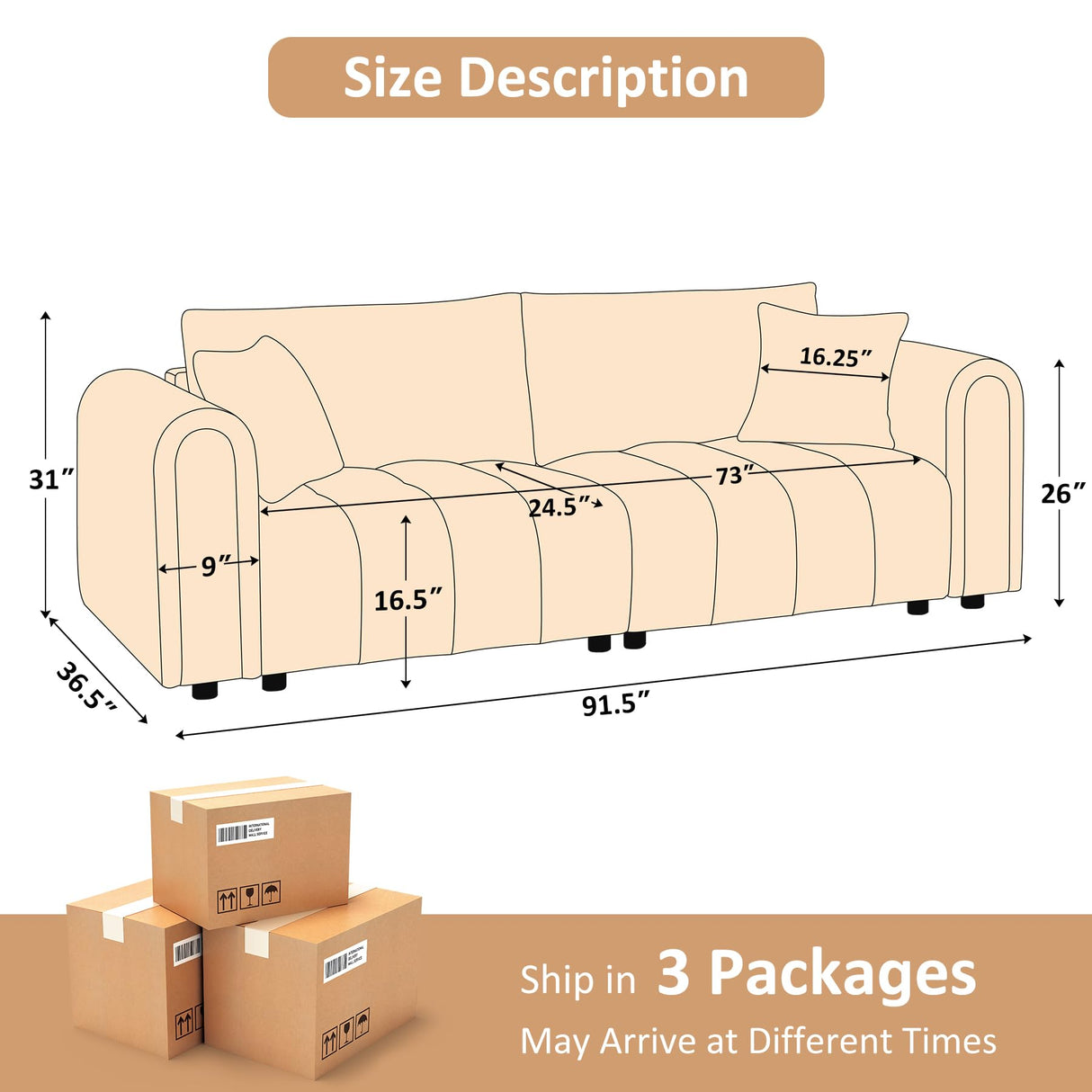 91.5" Modern Boucle Sofa with Deep Seat, Comfortable Upholstered Tufted Cloud Couch, Modern 3 Seater Couches for Living Room, Bedroom, Apartment, Office (Curry) VANOMi