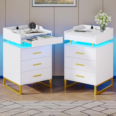 BTHFST LED Nightstand Set of 2 with Charging Station, Large Night Stand with 3 Drawers and 1 Pull-Out Tray, Modern Bedside Table with LED Lights, End Side Table with Storage, White and Gold