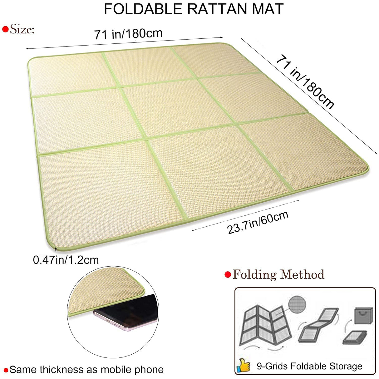 Nisorpa 71'' x 71'' Japanese Tatami Mat Igusa Tatami Mattress 0.47'' Thick Japanese Floor Mattress Rattan Non-Slip Breathable Memory Foam Area Rug Tatami Rug Mat Bedroom Sleeping Crawling Mat, Green Nisorpa