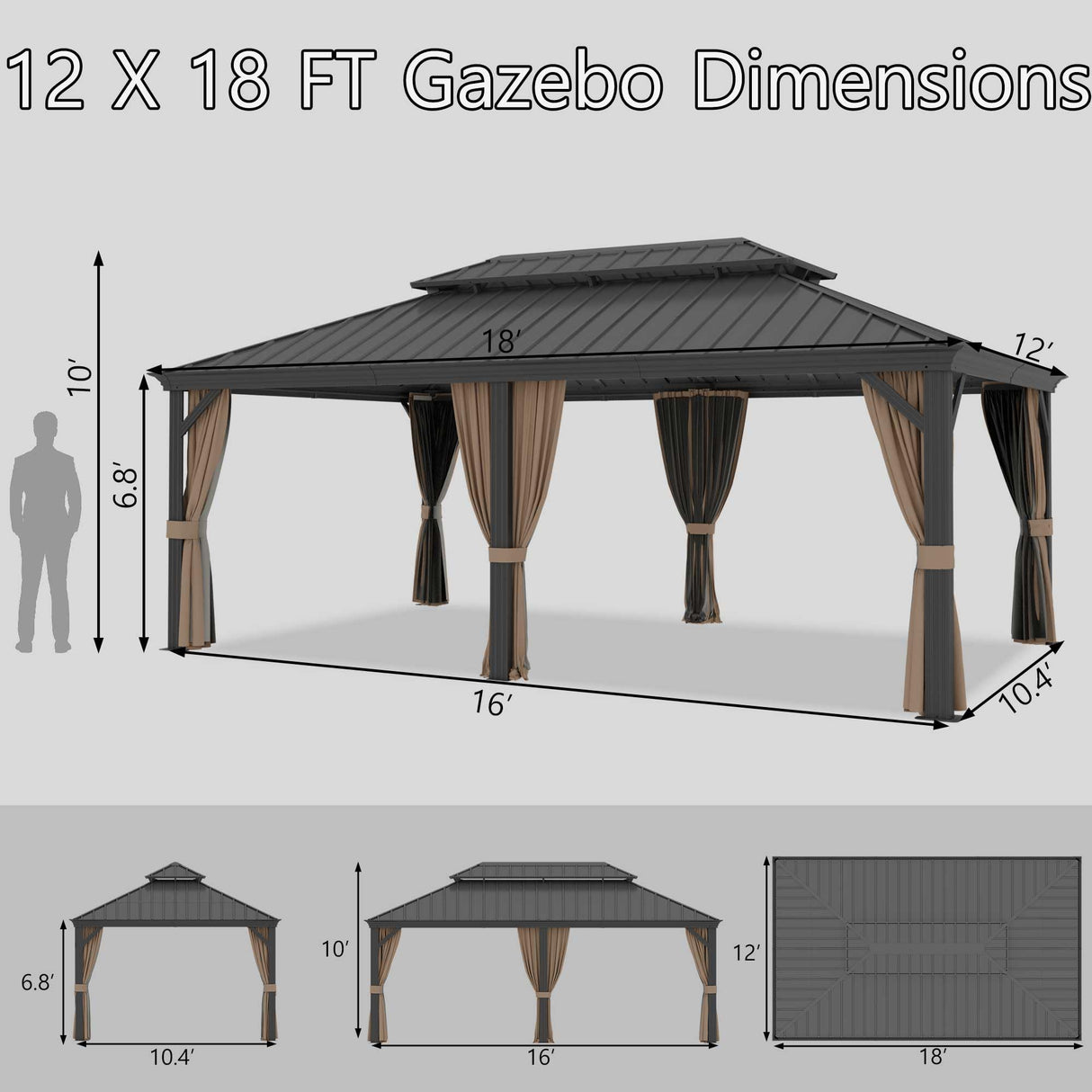 Yardsight 12' x 18' Hardtop Gazebo, Aluminum Frame Pavilion with Galvanized Steel Double Roof Heavy Duty Permanent Gazebo with Mosquito Netting and Privacy Curtain for Patio, Garden, Lawn. Yardsight