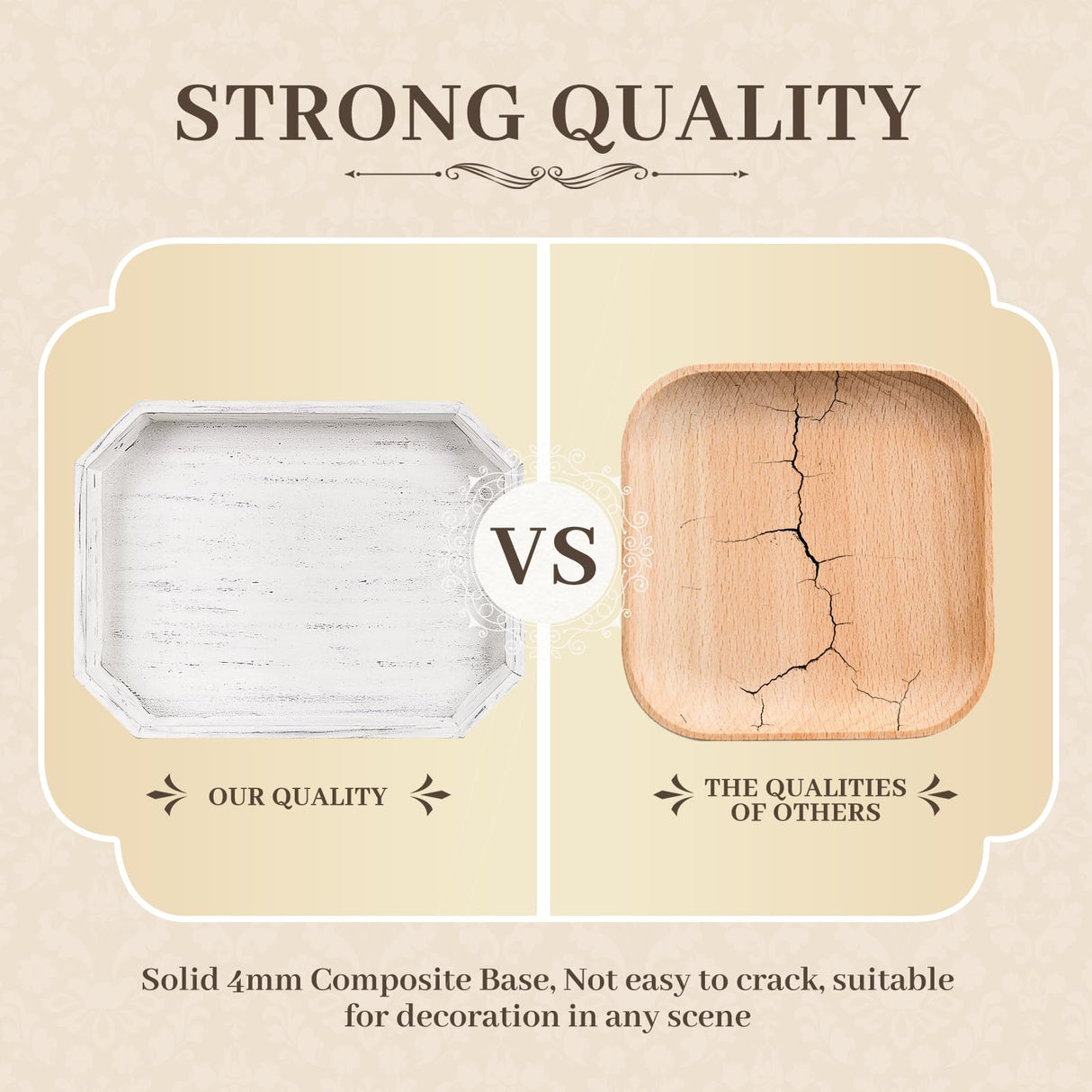 Wooden Decorative Tray, Rustic Serving Tray with Wood Bead, Farmhouse Big Tray for Ottoman, Countertop, Coffee Tabl, 16.5" x 13"x 1.6" (Retro White) CedarLux