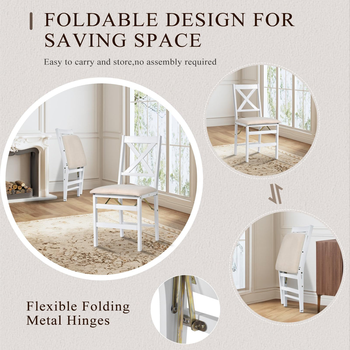 COLAMY Folding Dining Chairs Set of 6, Foldable Chairs with Padded Seats, Wood Folding Dining Room Chairs for Dinner, Kitchen, Party, Camping, White COLAMY