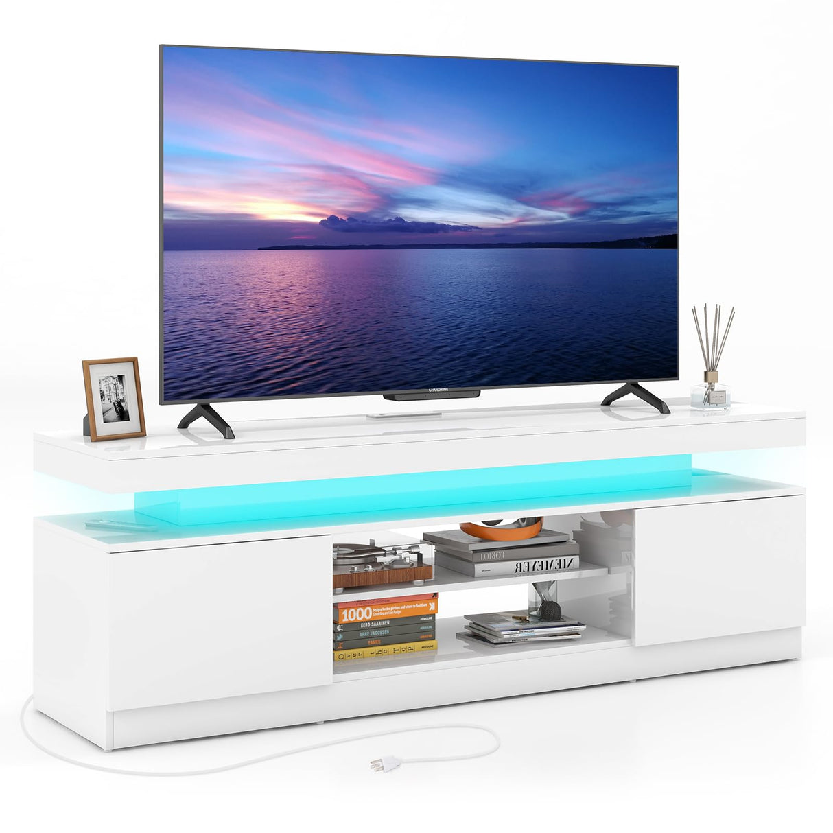 Verano Garden 63" LED TV Stand for 75 Inch TV, High Gloss Entertainment Center with 2 Storage Cabinets and Open Shelf, Modern TV Media Console with Power Outlet & Light for Living Room, Bedroom, White Verano Garden