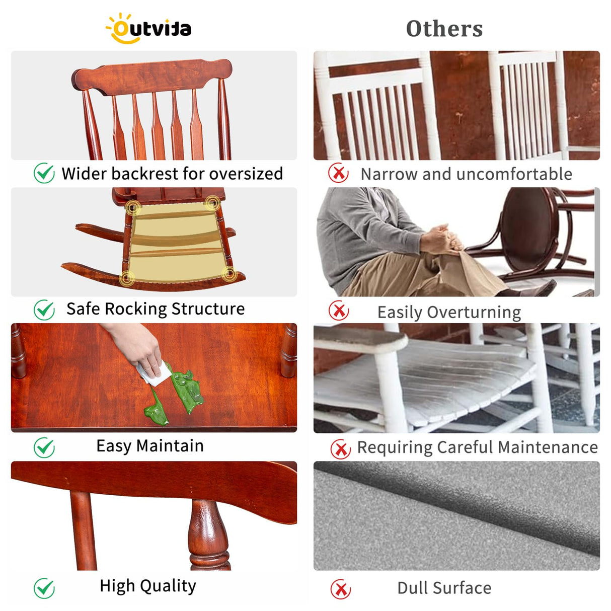 Outvita Outdoor Rocking Chair, Solid Wooden Frame High Back Rocker, All Weather Lounge Chair for Indoor, Garden, Patio, Balcony, Backyard Porch Rocker (1, Natural) Outvita