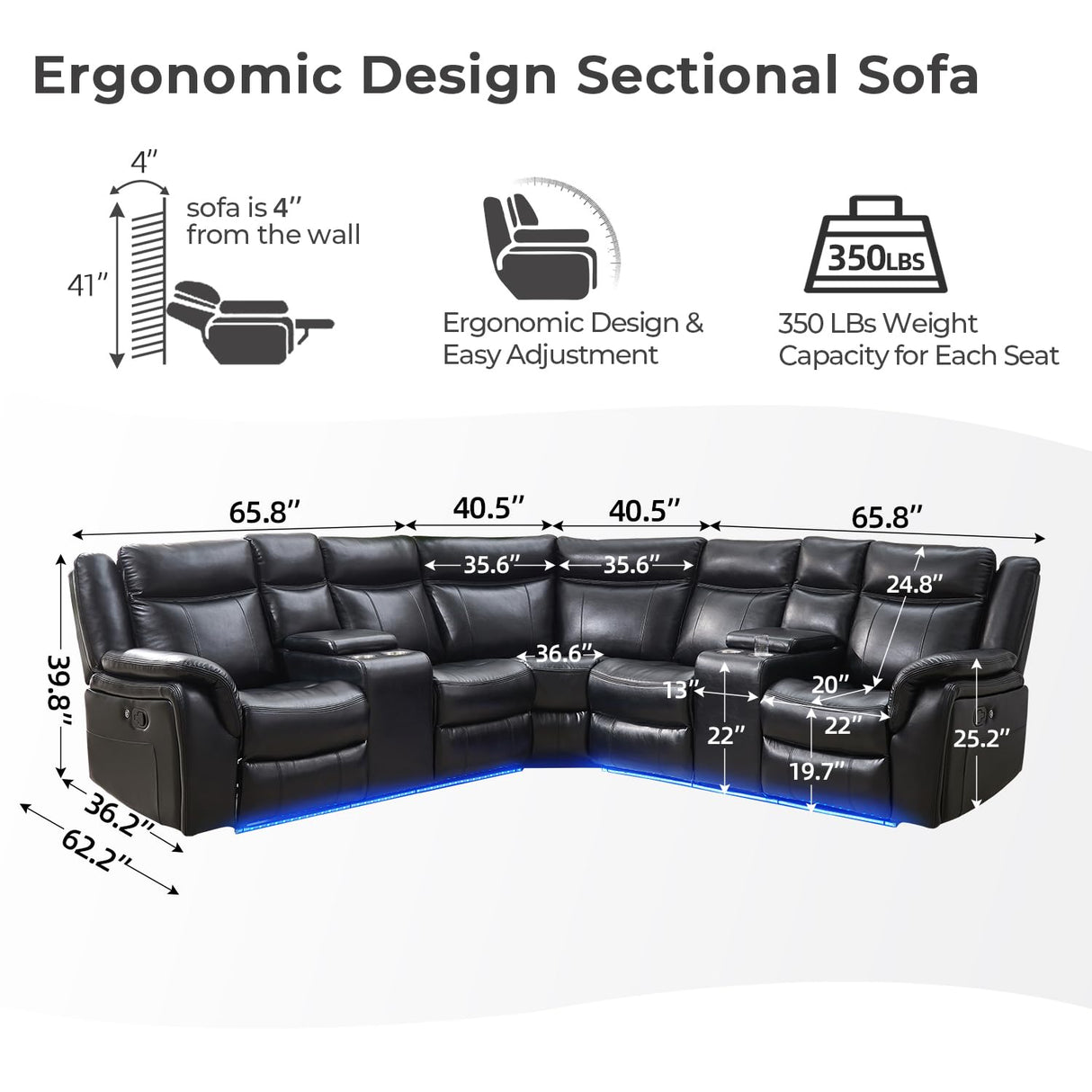 Manual Recliner Sofa Sectional Couches with LED Light for Living Room, Leather Reclining Corner Sectionals Sofa Couch Sets with 2 Theater Recliner Seat, USB, Cup Holder, Storage Console for Home,Black Comfort Stretch