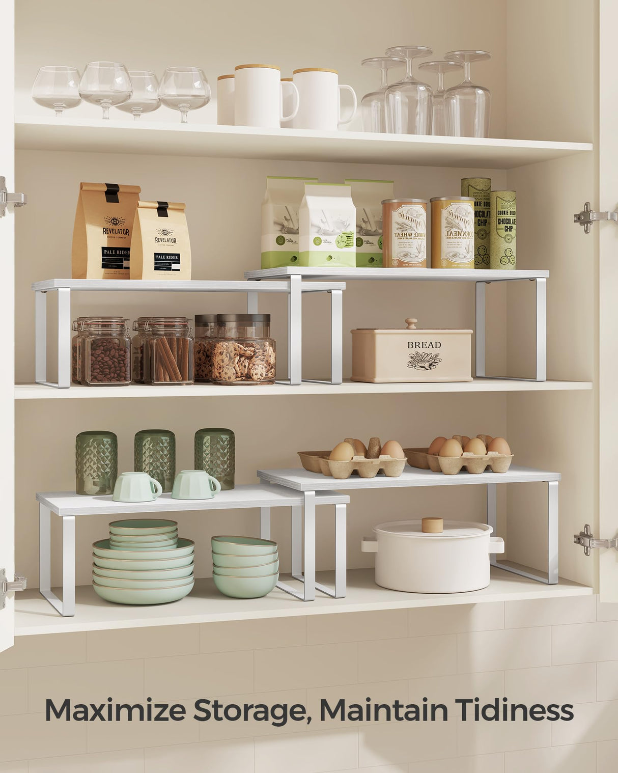 SONGMICS Cabinet Organizer Shelf, Set of 2 Kitchen Counter Shelves, Kitchen Storage, Spice Rack, Stackable, Expandable, Metal and Engineered Wood, Cloud White and Snow White UKCS025W01 SONGMICS