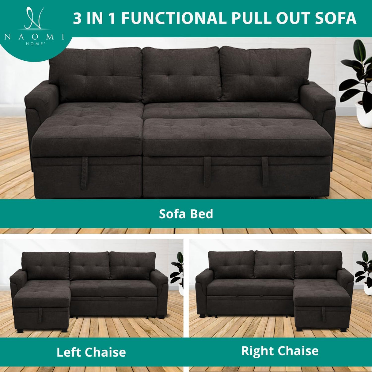 Naomi Home Jenny Tufted Sectional Sofa Sleeper with Storage Chaise, Pull-Out Couch with Storage, Sectional Sofa Bed, L-Shaped Reversible Sleeper Sofa with Storage, Dark Brown, Velvet Naomi Home