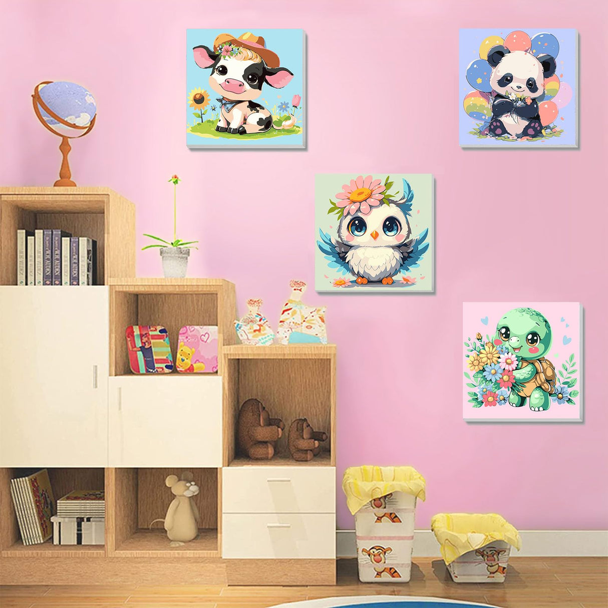 4 Pack Animal Paint by Number for Kids with Wooden Frame, Paint by Numbers for Kids Animals Ages 4-8-12, Easy Panda Sea Turtle Owl Cow DIY Acrylic Oil Painting Kits for Home Wall Decor (8X8 inch) xackcme