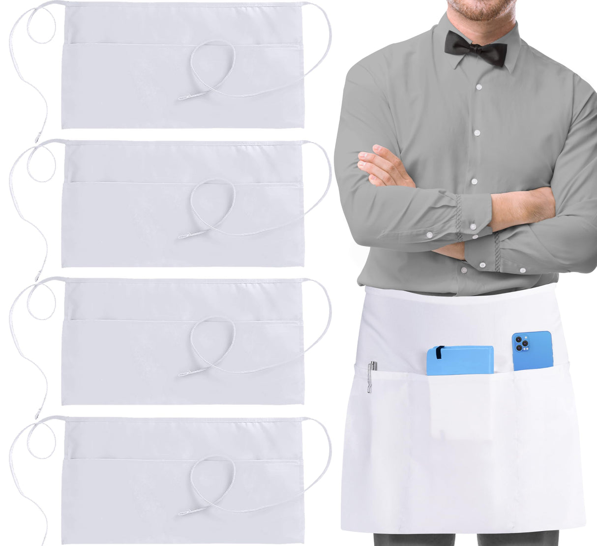 Utopia Wear 4 Pack Server Apron with 3 Pockets, Waist Apron for Waiter Waitress, 12 Inches, White Utopia Wear