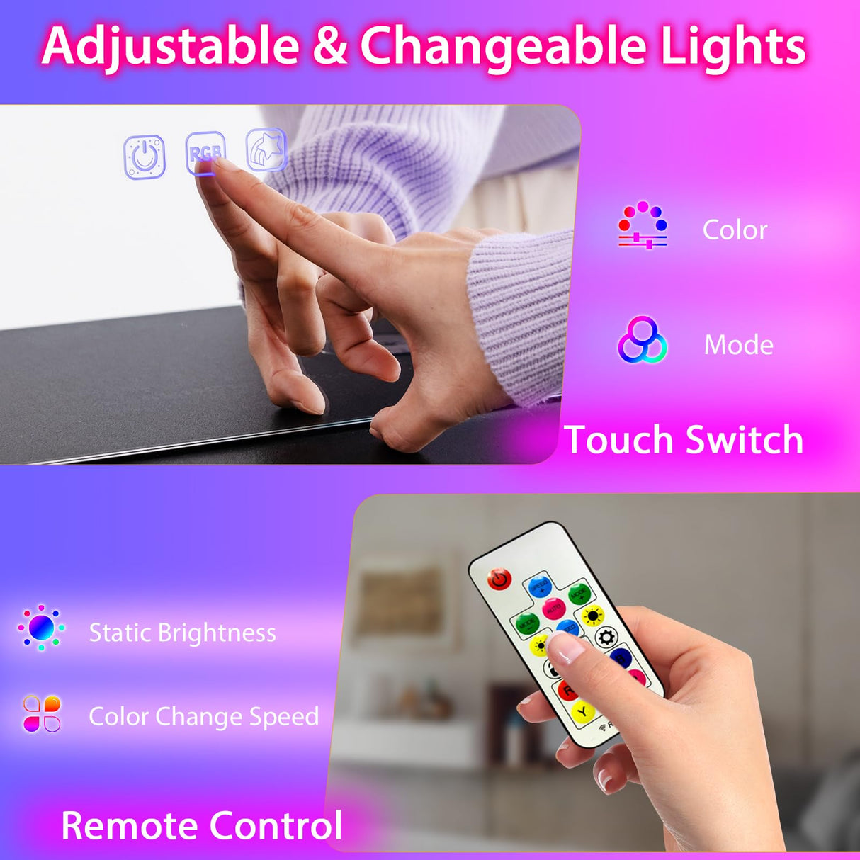 CHARMAID RBG LED Makeup Vanity Table, Colorful Lighted Mirror, 7 Dynamic & 7 Static Modes, 3-drawer Chest, 3 Shelves, Large Drawer, Girls Vanity Desk Dressing Table with Stool CHARMAID