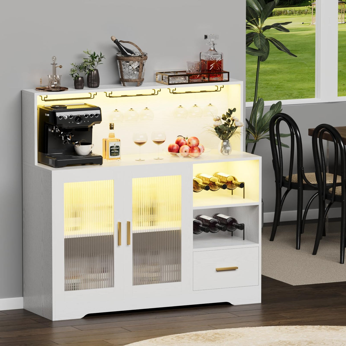 Wine Bar Cabinet with LED Light,with Wine and Glass Rack, Modern Kitchen Coffee Bar Cabinet with Storage, Buffet Sideboard with Drawers(White, Large) amzzar