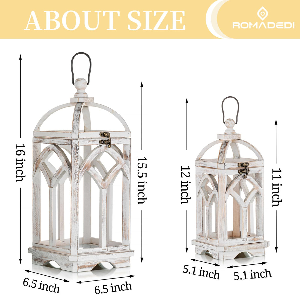 Romadedi Decorative Candle Lantern Wood - Rustic Wooden Lantern for Farmhouse Home Living Room Shelf Patio Table Decoration Christmas Holloween Wedding Party Table Centerpiece, Washedwhite Romadedi