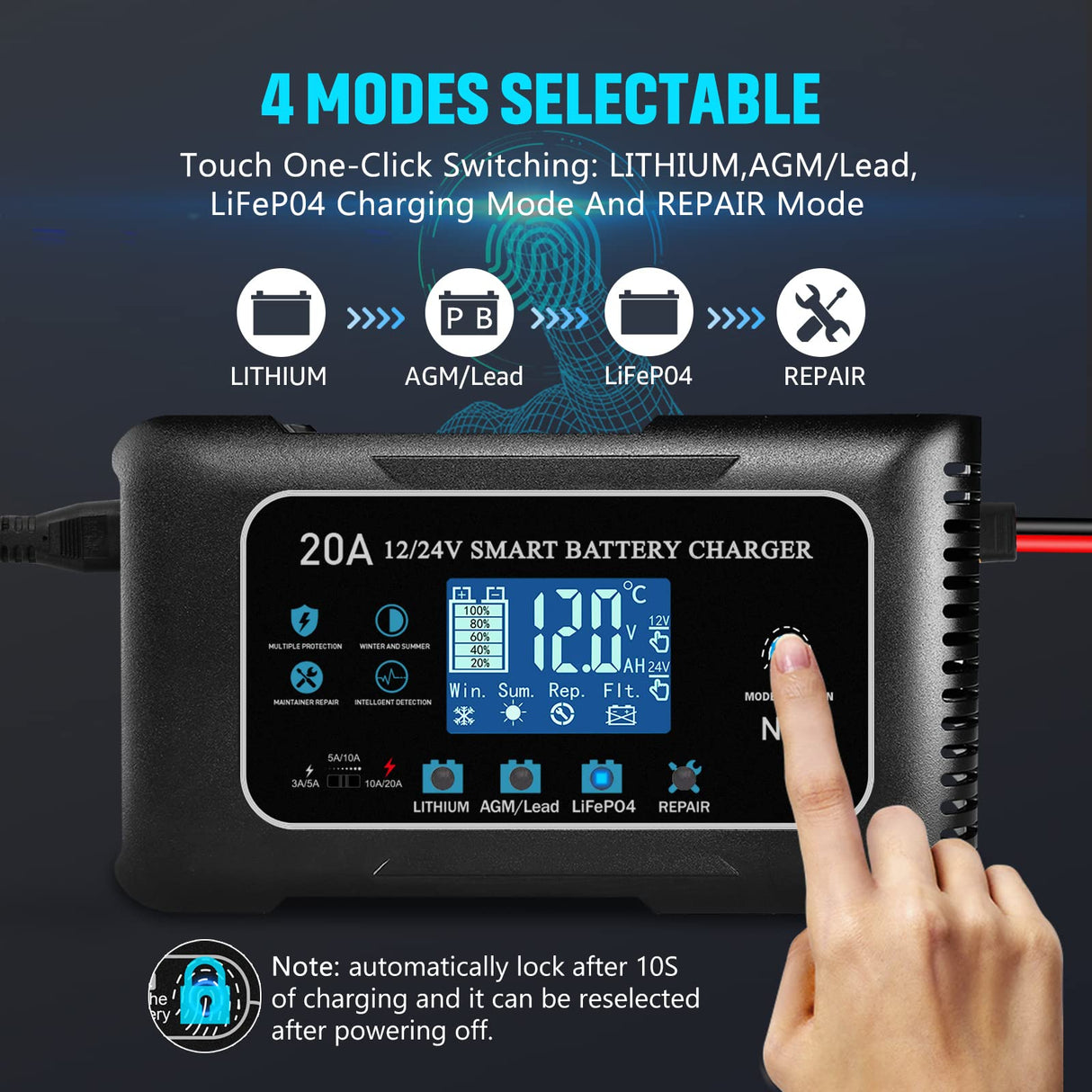 20-Amp Lifepo4 Lithium AGM Gel Smart Battery Charger, 12V/20A 24V/10A Trickle Charger, Maintainer for car Boat Motorcycle, Lawn Mower Dght