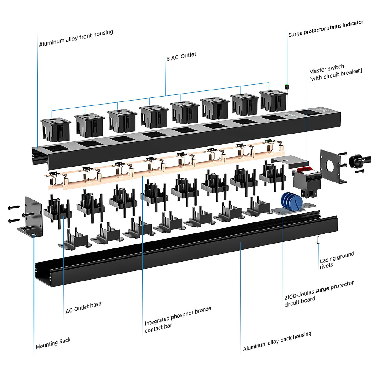 CRST 8 Outlet Metal Heavy Duty Power Strip, 2100J Power Strip Surge Protector, 6FT Cord Mountable Power Strip for Home Office Garage Workshop School, Wide Spaced Industrial Power Strip15A/1875W CRST