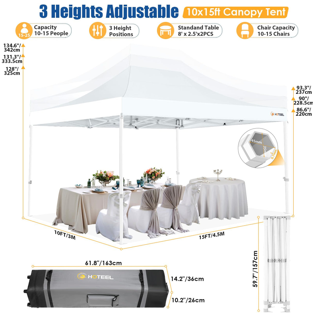 HOTEEL 10x15 Pop up Canopy Tent for Parties, Heavy Duty Easy Setup Tent Without Sidewalls, Outdoor Commercial Instant Gazebo for Wedding Event, with Roller Bag & Sand Bags, White(Hexagonal Frame) Hoteel