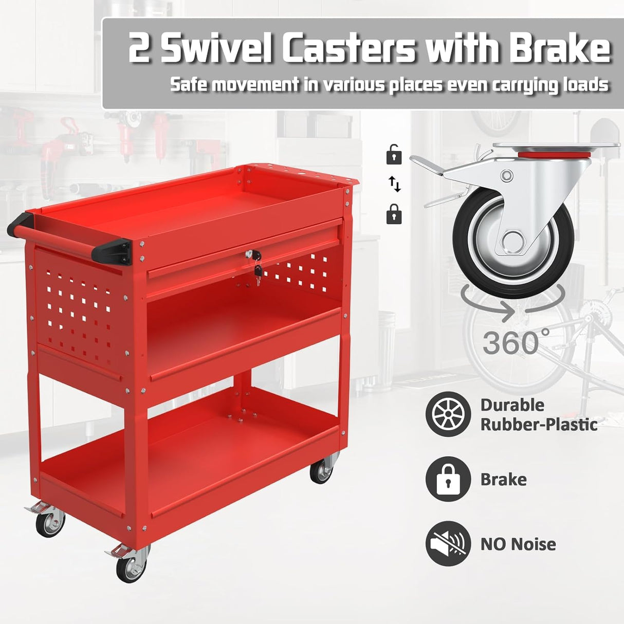 Pelnuies 3 Tray Tool Cart with Drawers, 400 LBS Capacity Rolling Tool Cart on Wheels, Heavy Duty Utility Cart with Pegboard, Mechanic Tool Storage Cart for Garage, Warehouse and Repair Shop, Red Pelnuies