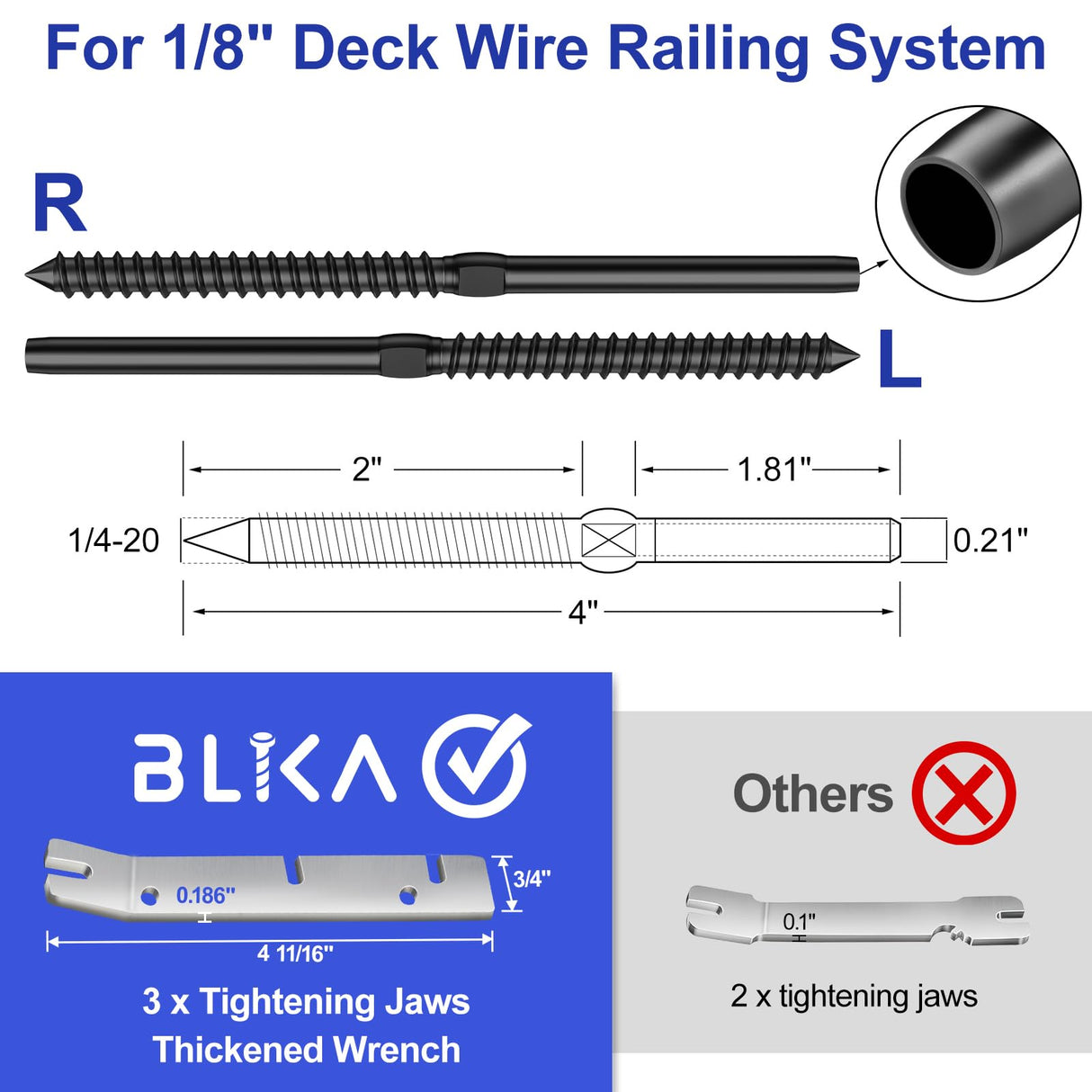 BLIKA 40 Pack T316 Stainless Steel Black Right&Left Handed Thread Swage Lag Screws for Wood Posts of 1/8" Deck Cable Railing Kit, Wire Railing Kit for Decks with Wrench, DIY Wood Baluster BLIKA