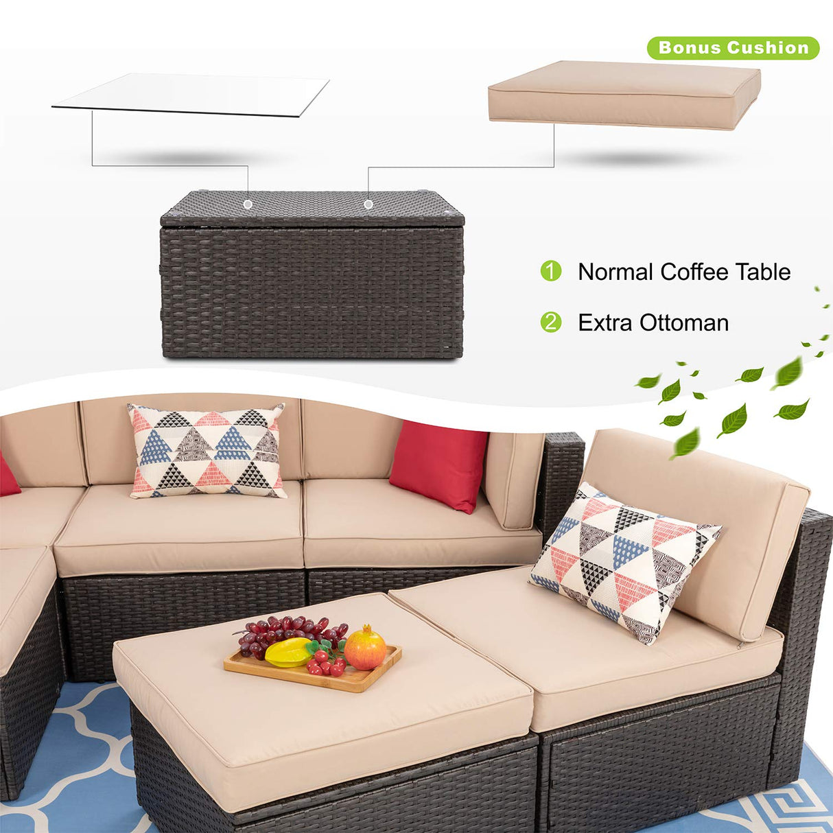 Vongrasig 6 Piece Patio Furniture Set, Small Outdoor Sectional Sofa Couch, All Weather PE Wicker L-Shaped Corner Patio Sofa Garden Backyard Patio Conversation Set w/Glass Table, Beige Vongrasig