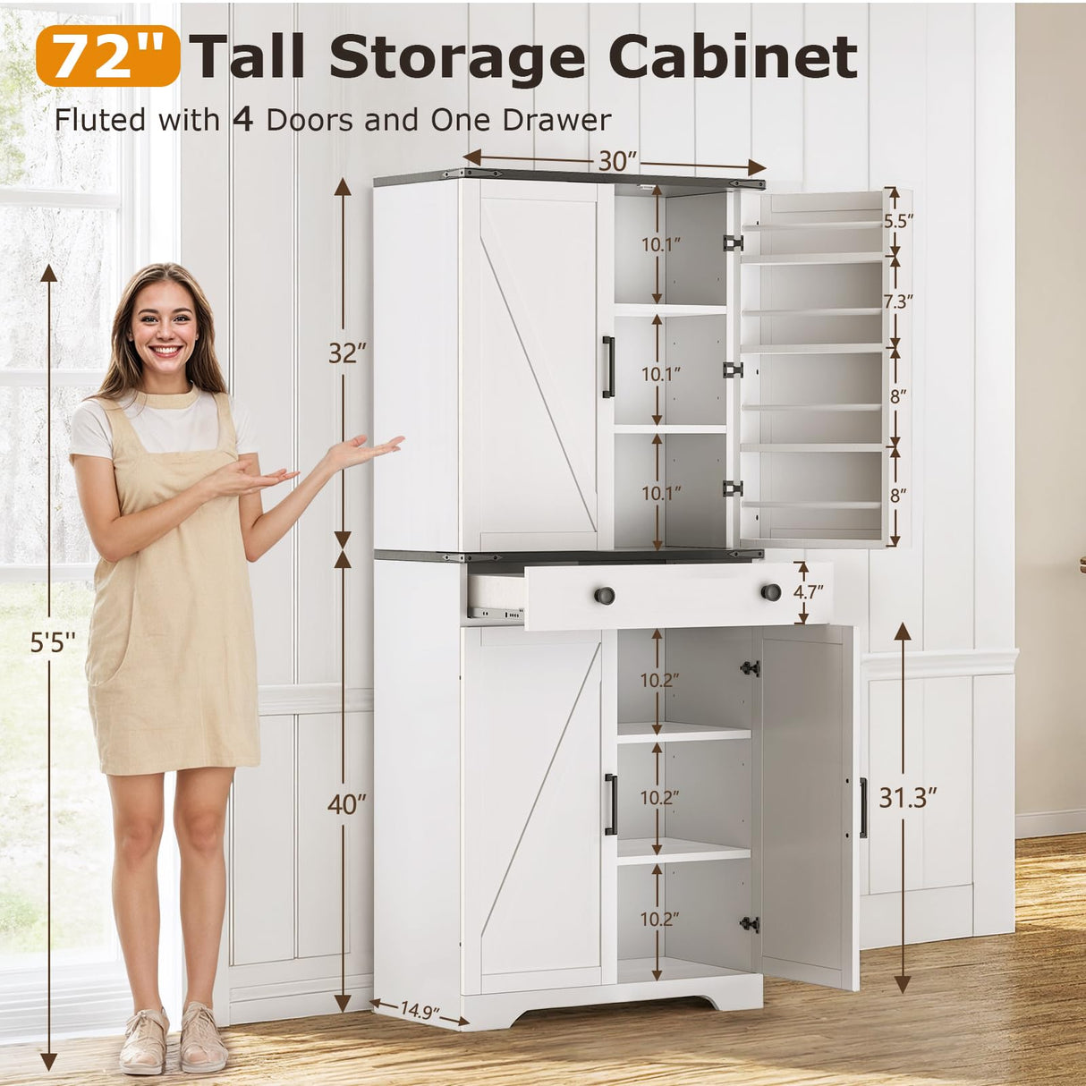 Teekyooly 72" Tall Farmhouse Kitchen Pantry Cabinet, Large Storage Cabinet with 6 Adjustable Shelves, 4 Barn Doors & Drawer for Bathroom, Dining Room, Off White Teekyooly