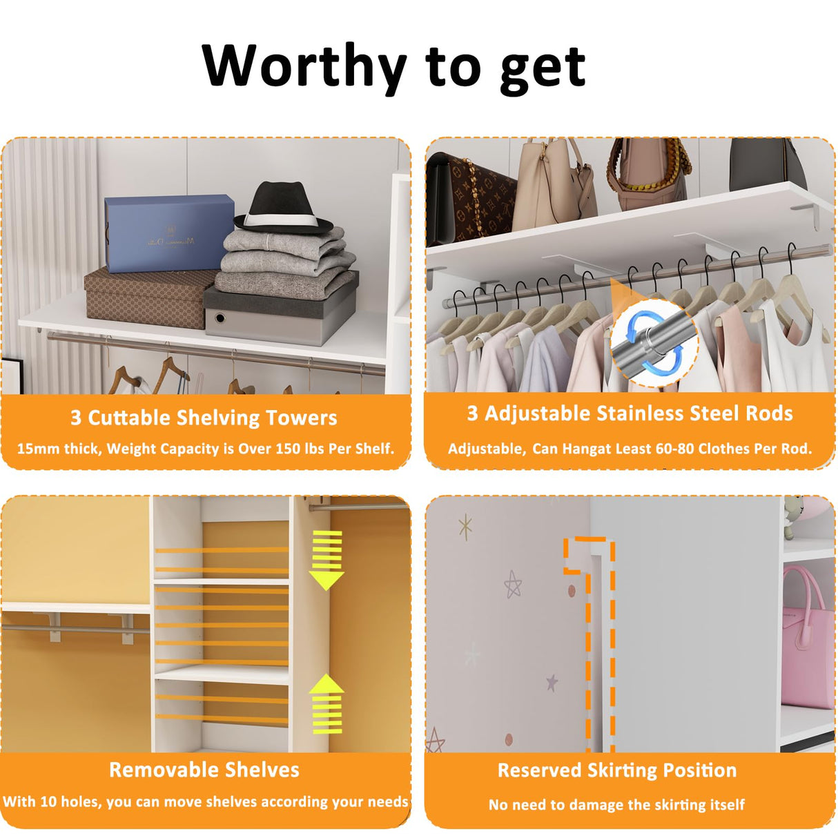 secilix Closet System with Drawers, 5-8FT Closet Organizer Systems with Expandable Hanging Rods, 96" Closet Shelving Systems for Walk in Closets, Heavy Duty Wall Mount Closet Systems-White secilix