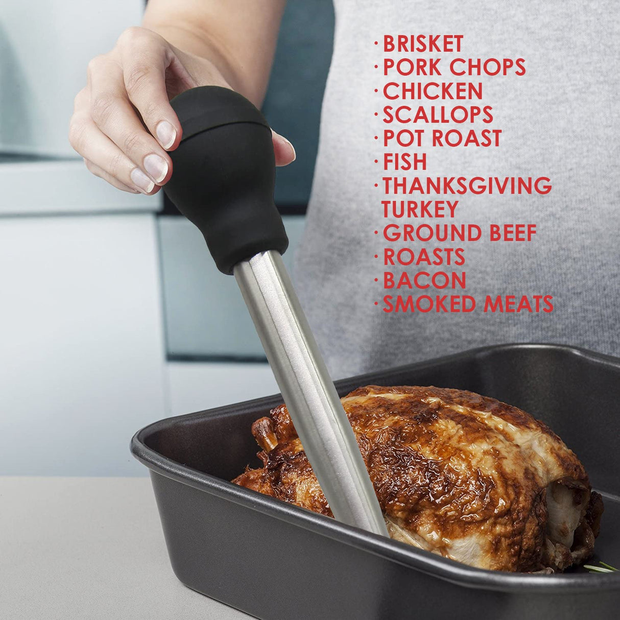 KAYCROWN Stainless Steel Turkey Baster Commercial Grade Quality Rubber Bulb Including 2 Marinade Injector Needles and Brush for Easy Clean Up KAYCROWN