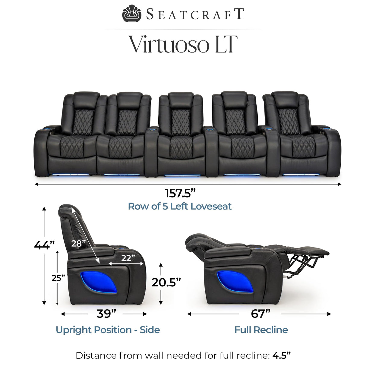 Seatcraft Virtuoso LT Zero-Gravity HeatZero Italian Leather Home Theater Seating, Heat & Massage, Power Headrest, Power Recline, Row of 5 Left Loveseat, Black Seatcraft