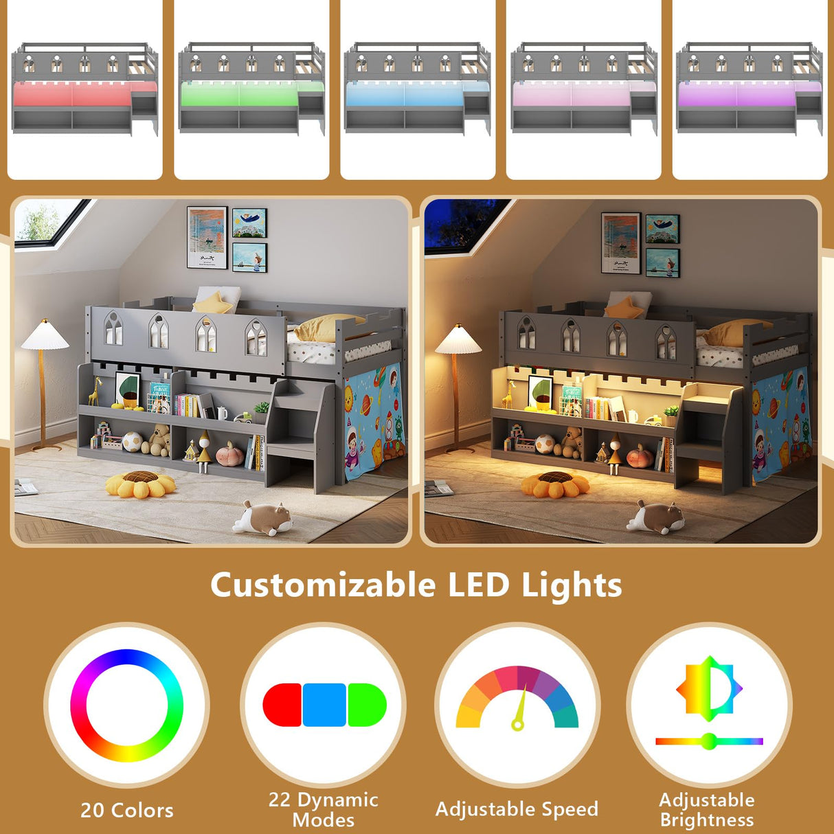 JOYMOR Low Loft Bed with LED Lights, Twin Loft Bed with Stairs, Safety Guardrail, Curtain, Wooden Bed Frame for Kids with Storage Bookcase and Under-Bed Play Space (Gray) JOYMOR