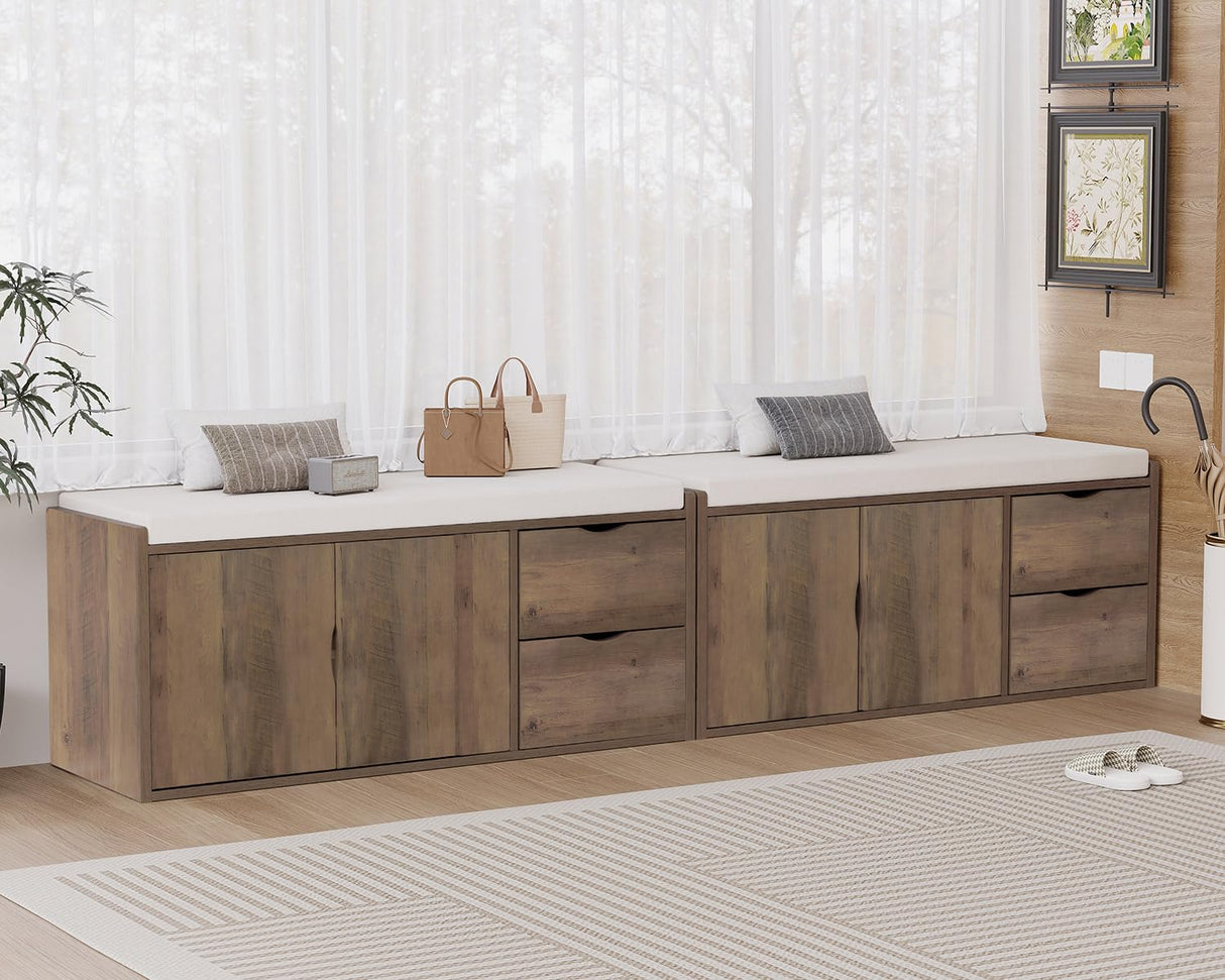 LVB Entryway Bench with Storage, 40” Storage Bench with Padded Cushioned Seat, Farmhouse Shoe Bench with 2 Drawers Cabinet Shelf, Industrial Wood Shoe Rack Bench for Living Bedroom,Rustic Oak, 40in LVB