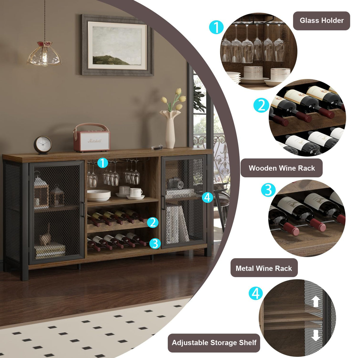 Launica Wine Bar Cabinet, Industrial Coffee Bar Cabinet Farmhouse for Liquor and Glasses, Sideboard Buffet Cabinet with Storage Rack for Home Kitchen Dining Room, Rustic Oak, 55 In Launica