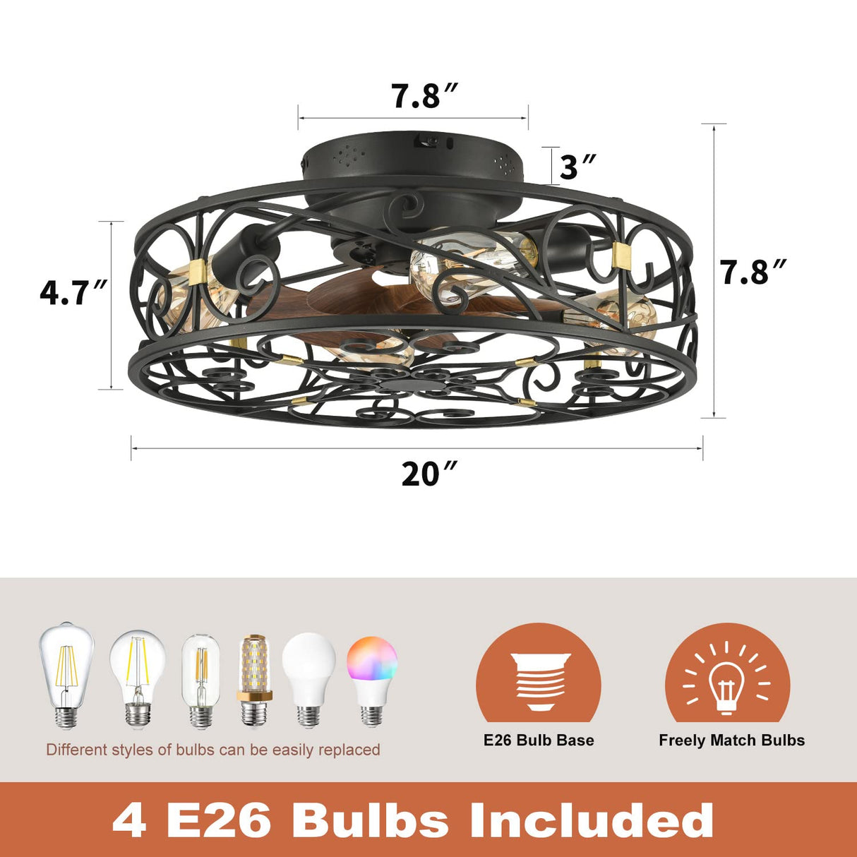 XUDOM 20" Caged Ceiling Fans with Lights and Remote, Bladeless Ceiling Fan 6 Speed Reversible with 4 Bulbs and Remote Control,Flush Mount Caged Ceiling Fan for Bedroom, Living Room, (Include Bulbs) XUDOM