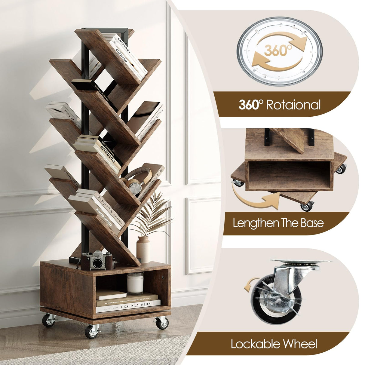 iabifo 49" Rotating Tree Bookshelf, 7 Tier Double Sided Shelf, Wood Corner Bookshelf with Wheels, 360 Display Spinning Bookcase Storage Rack, Ideal for Small Rooms, Easy Assembly, Rustic Brown iabifo