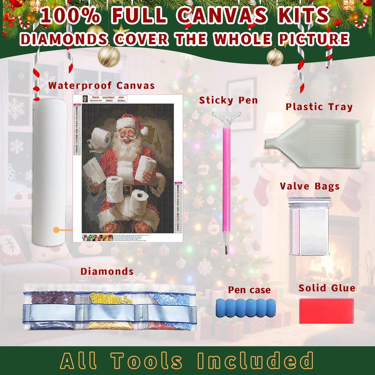 Ohhvvow Funny Christmas Diamond Art Painting Kit - Santa with Flying Toilet Paper Rolls, 5D Full Drill Round Diamonds & Tools, Holiday DIY Craft Gift for Women Men Ohhvvow