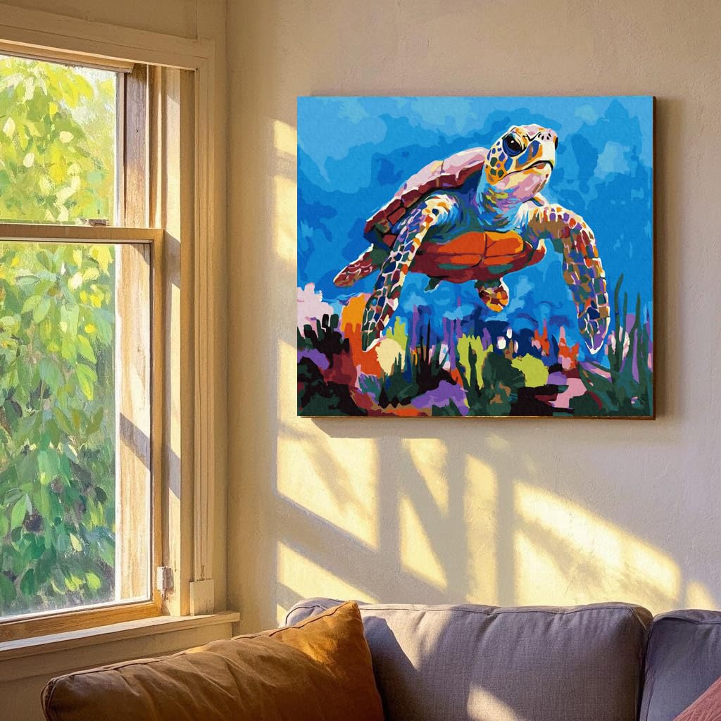 Turtle Paint by Numbers Kit for Adults with Frame, Adults Kids Paint by Number Kits on Framed Canvas Kids Painting by Number Art Craft Kit for Home Decor, Sea Turtle 12x16inch KOMI