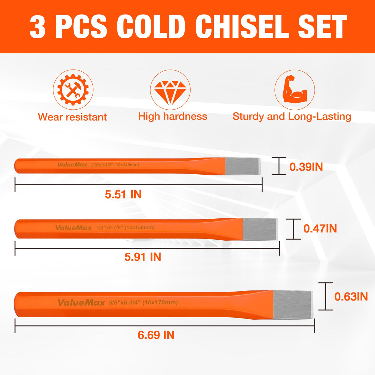ValueMax 3-Piece Heavy Duty Cold Chisel Set, 3/8-Inch, 1/2-Inch & 5/8-Inch Metal Chisel Set, Premium Cr-V Steel, for Carpentry, Metalwork, Woodwork & Masonry Work ValueMax