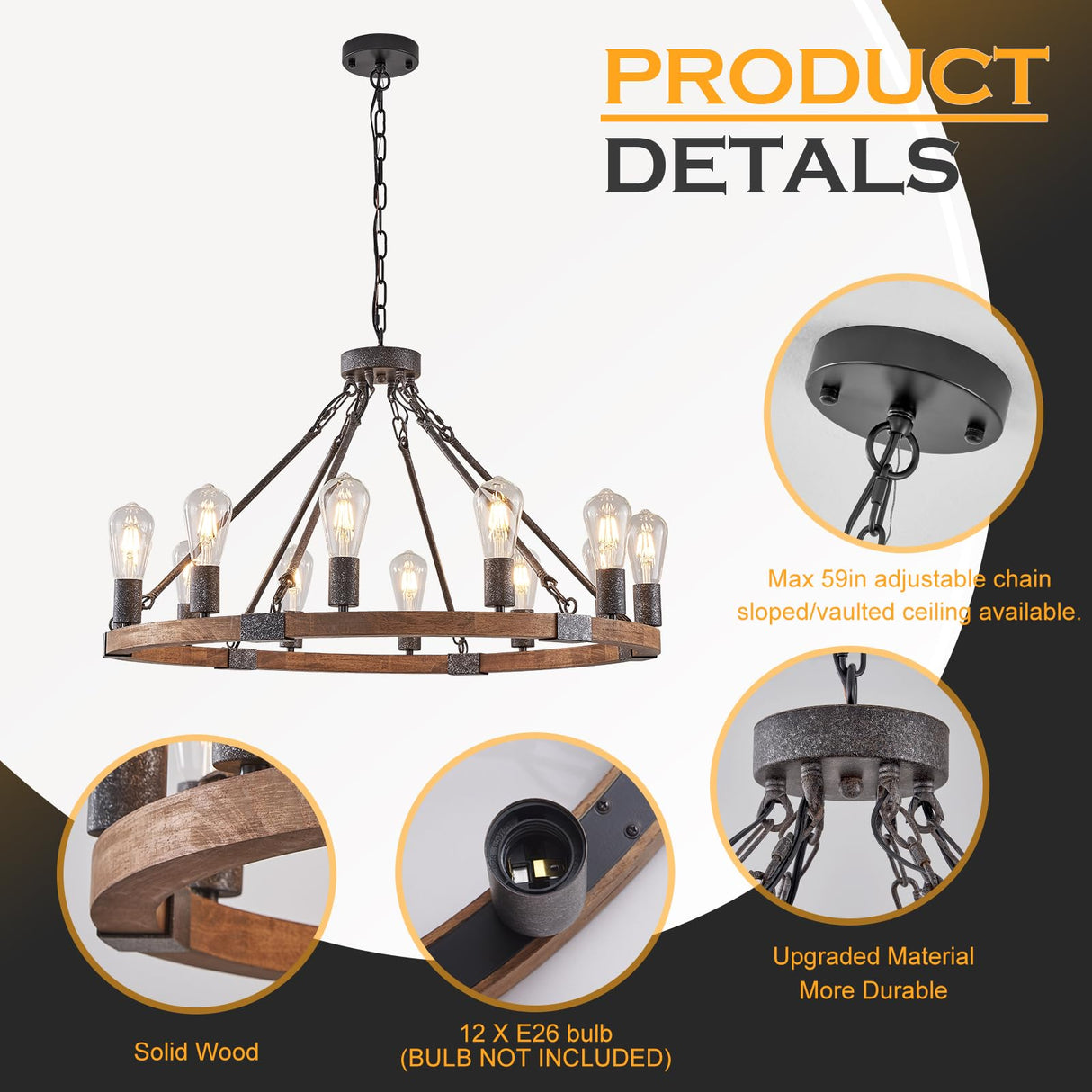 Benkut Farmhouse Wagon Wheel Chandelier 31" Black Rustic Light Fixtures 12-Light Wood Round Chandelier for Dining Room Living Room Entryway Foyer Benkut