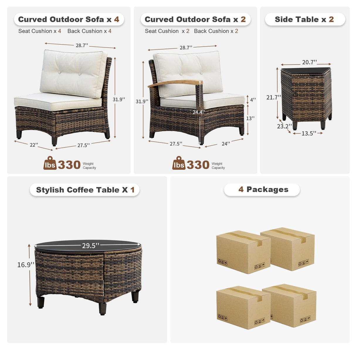 MEISSALIVVE 9 Piece Outdoor Patio Furniture Set, Half-Moon Curved Sectional Sofa Rattan Conversation Set with Wood Armrests, Coffee Table & Side Table(Brown) MEISSALIVVE