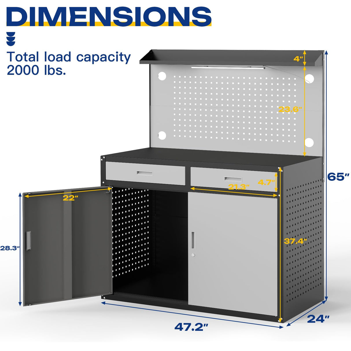 Eltean 65" Heavy Duty Work Bench with Storage, 2000 LB Capacity Garage Work Table with Adjustable LED Lighting、Lockable Cabinet、Drawers & Pegboard ,Work Benches for Garage、Workshop, Basement Eltean
