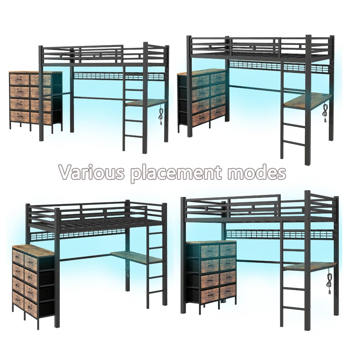 FULLJOJOR Loft Bed Twin Size with Desk, 8 Storage Drawers, Power Outlet, LED Metal Loft Bed with Storage Shelve, Bed with Safety Guardrail & Ladders,Space-Saving,Black FULLJOJOR
