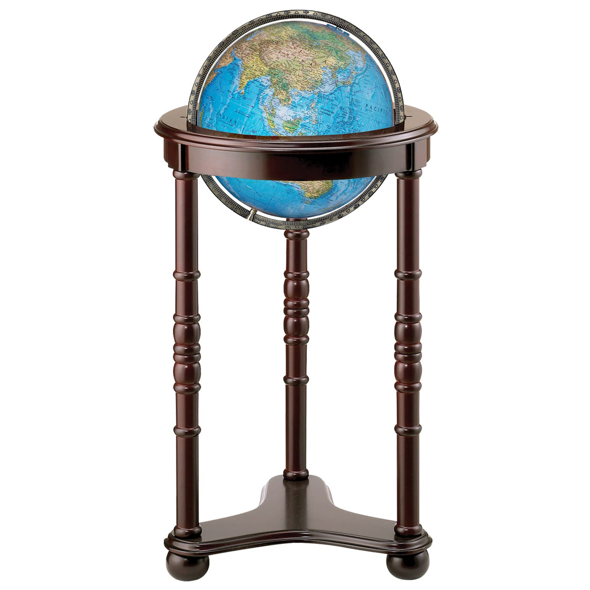 Lancaster, Dark Cherry Finish Wood Stand, Blue Ocean Illuminated World Globe, 12" Diameter, Floor Model Replogle